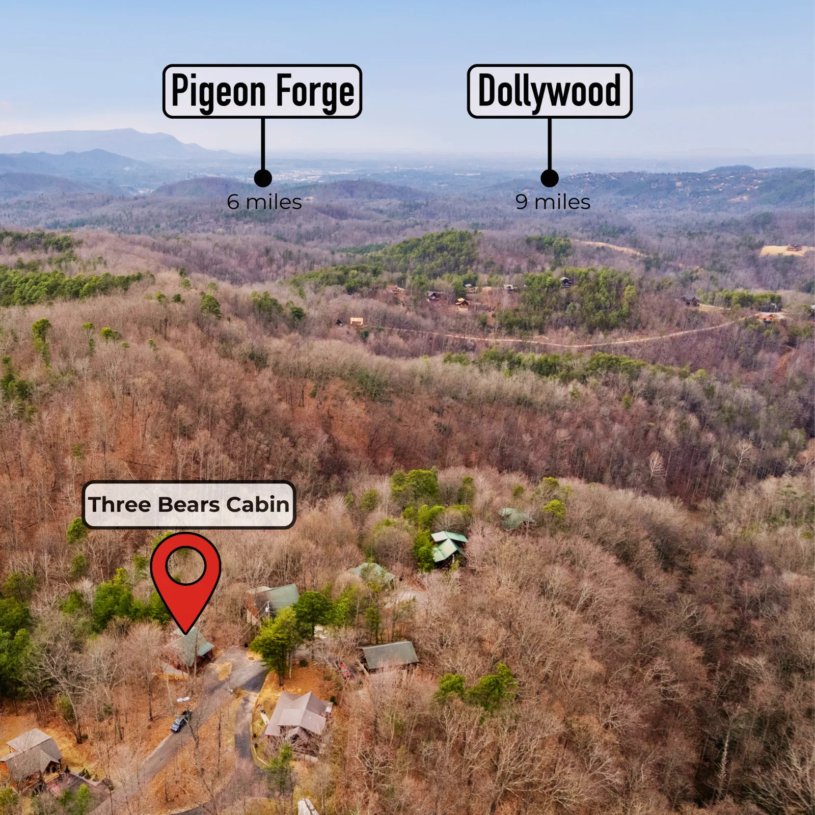 Aerial photo showing Three Bears Cabin near Pigeon Forge and Dollywood